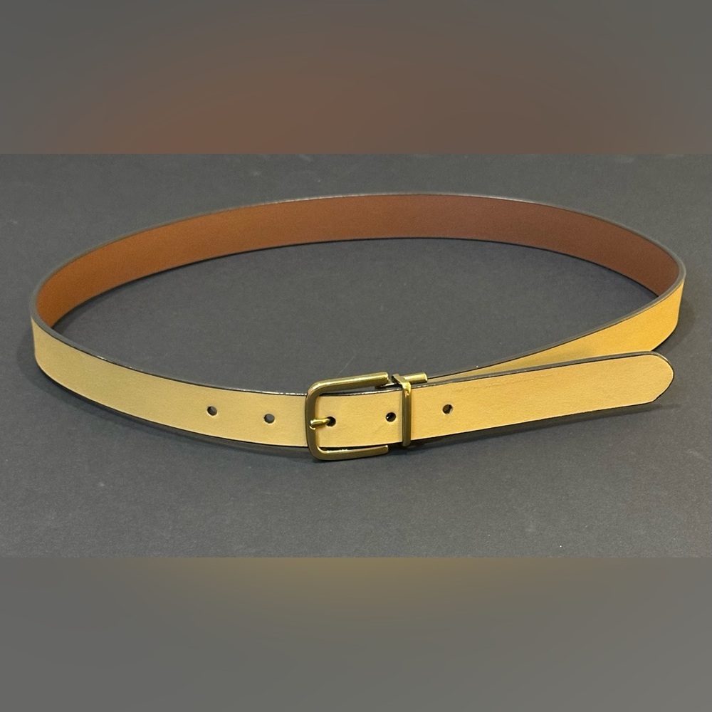 🌟2xHP🌟Lucky Brand Tan/Mustard Yellow Reversible Smooth Leather Belt Gold Buckle